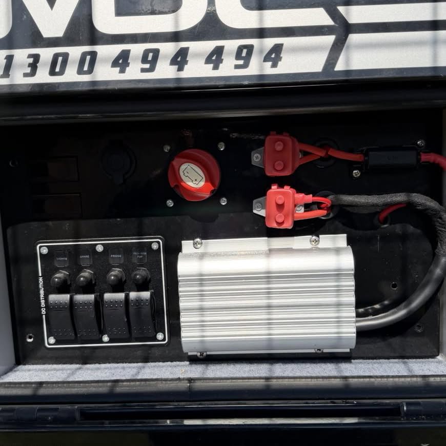 Ute tray battery box with switch panel and isolator